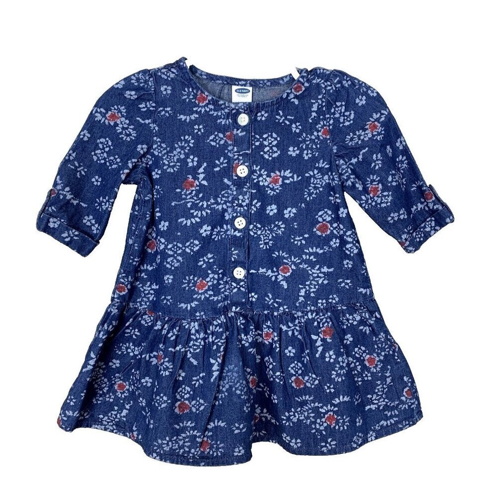 Old Navy Baby Girls 6-12 Months Dress Chambray Floral Drop Waist Spring Blue
